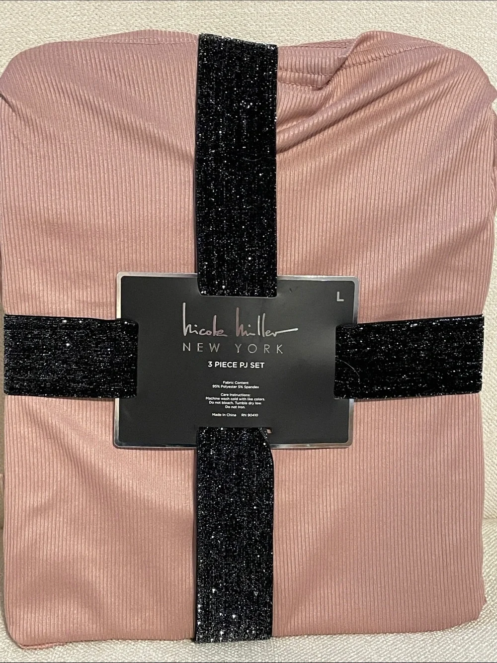 Nicole Miller Blush Pink Three-Piece Pajama Set with Black Trim - Picture 3 of 3